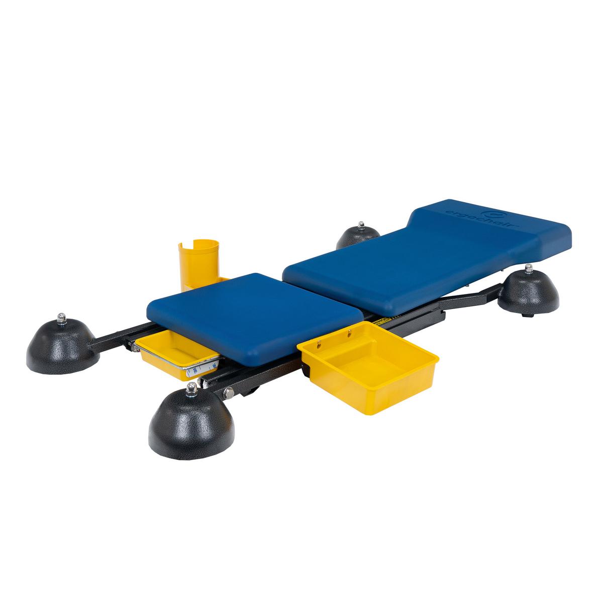 Ergochair ERGO-RS shop seat with a reclining backrest, integrated tool storage trays, and a durable design for comfortable under-car work.