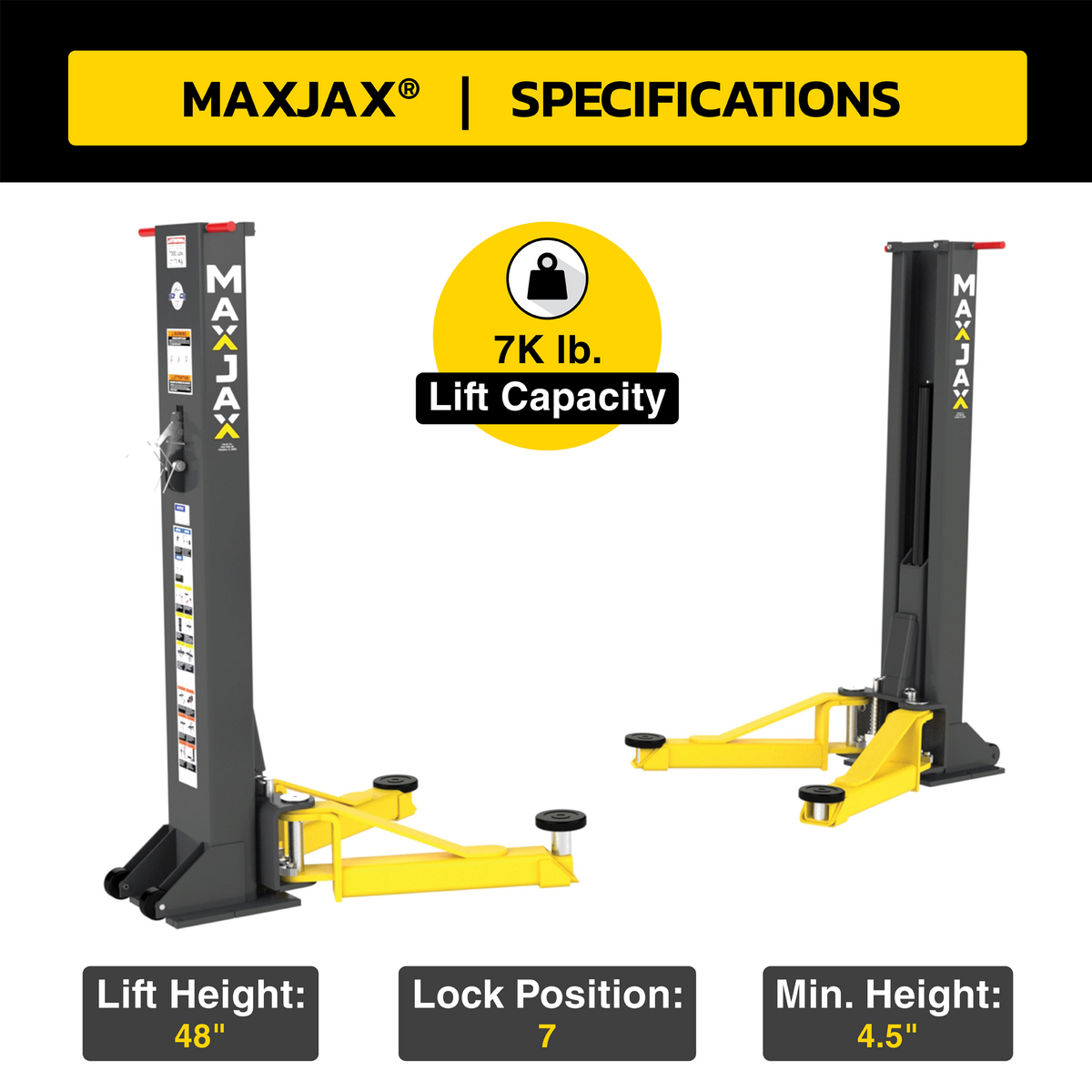 MaxJax portable car lift showing specifications: 7,000 lb. lift capacity, 48" maximum lift height, and 4.5" minimum height with 7 lock positions.