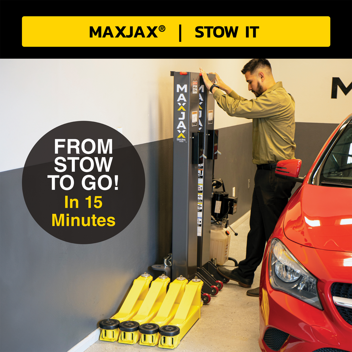 MaxJax portable car lift being stowed away by a person, with yellow low-profile arms rolled up and stored against the wall in 15 minutes.