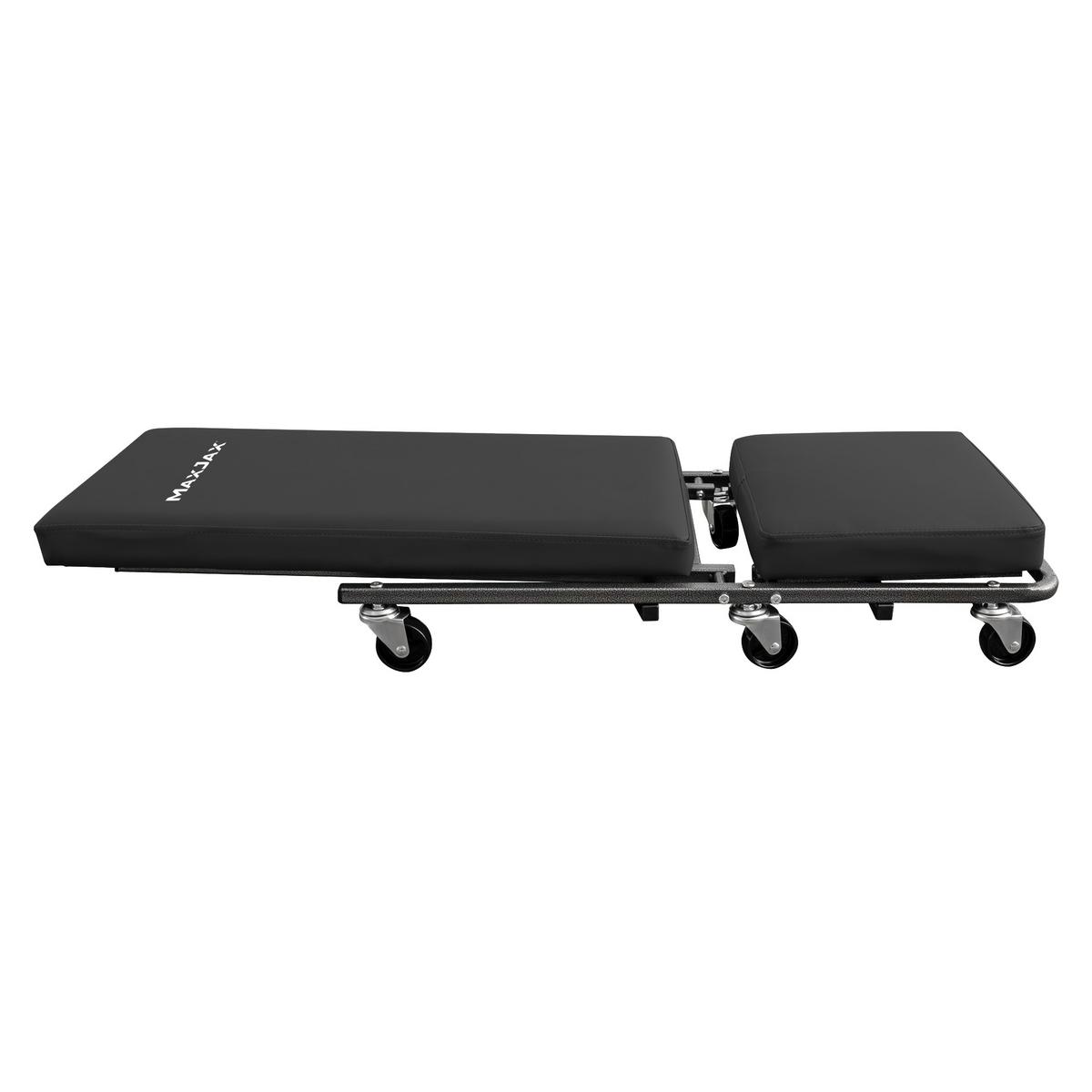 MaxJax reclining creeper seat with adjustable height and backrest for comfortable automotive work, equipped with durable wheels for easy mobility.