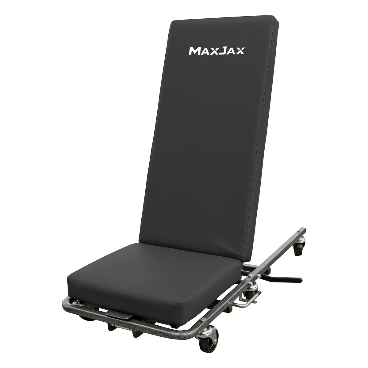 MaxJax reclining creeper seat with pneumatic assist for height adjustment, offering comfort and mobility with durable wheels for auto repair tasks.