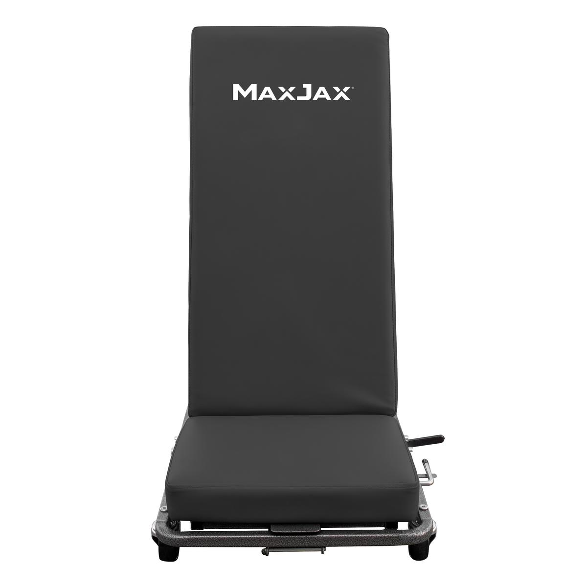 MaxJax front view of pneumatic assist reclining creeper seat with adjustable height and sturdy base, designed for comfort and mobility in auto repairs.