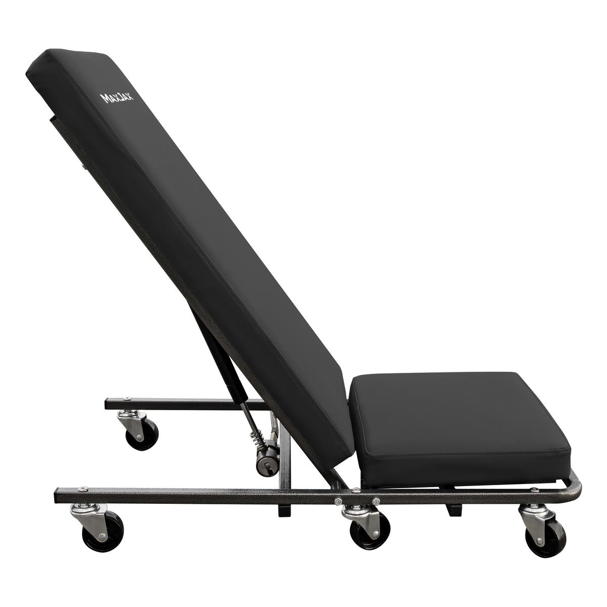 MaxJax pneumatic assist reclining creeper seat with height and backrest adjustments, offering comfort for automotive maintenance tasks.