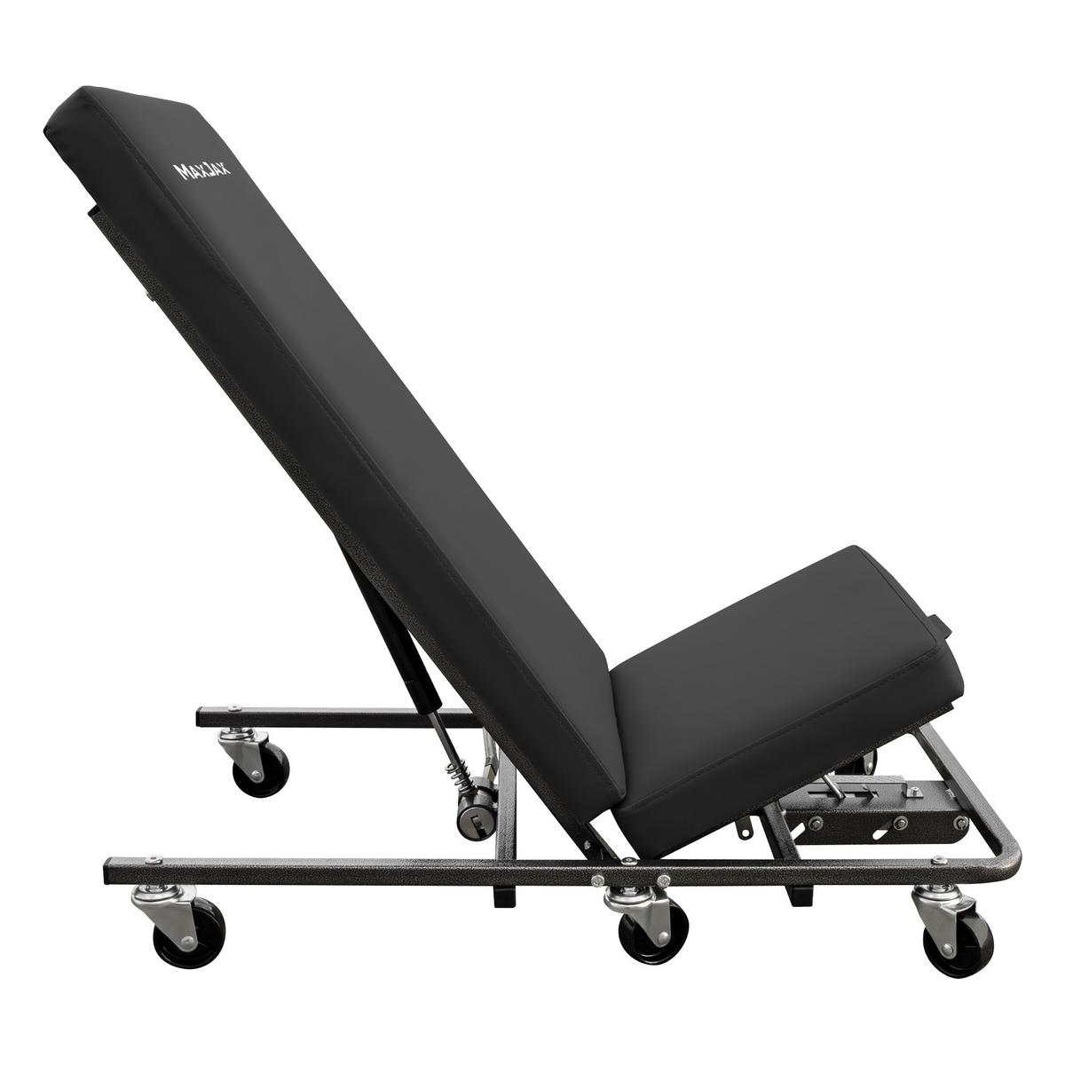 MaxJax pneumatic assist reclining creeper seat with adjustable backrest and height for ergonomic comfort during automotive repairs.