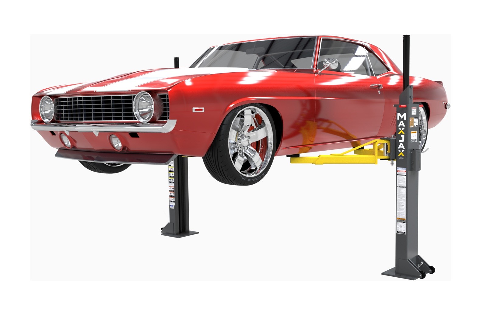 MaxJax portable two-post lift offers full-size lift benefits in low-ceiling garages with a versatile, portable design.