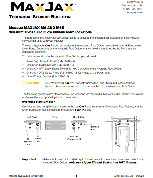 TSB 72 - Flow Divider Ports
